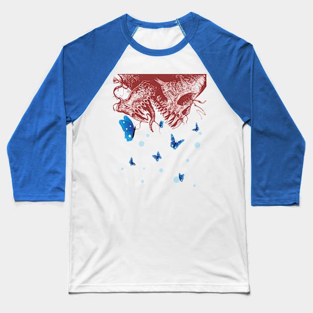 skulls and blue butterflies flying around it Baseball T-Shirt by zombies butterfly